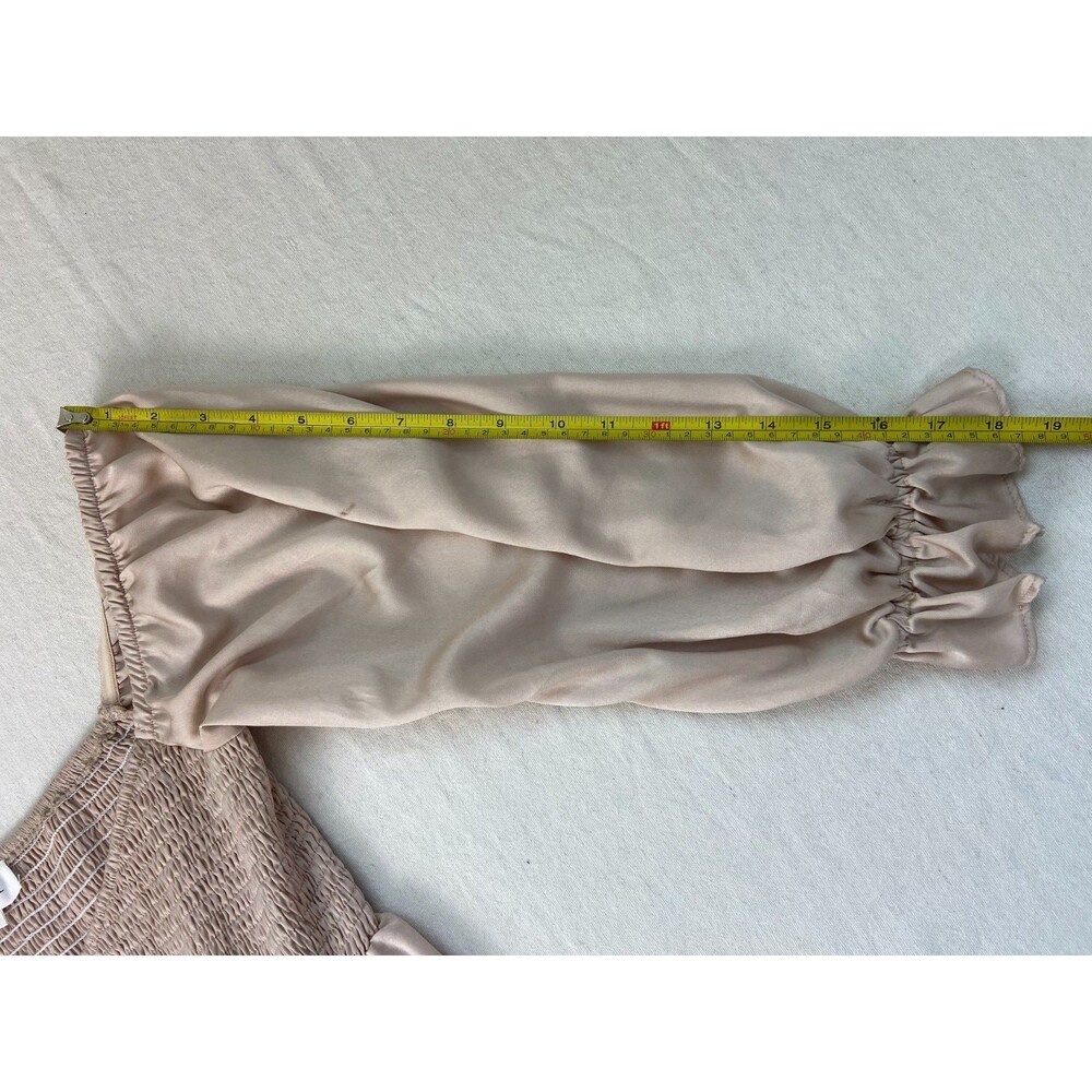 Mable Size M Babydoll Beige Cream Smocked Ruffle Mini Dress Stretch Party STAINS - Picture 7 of 12